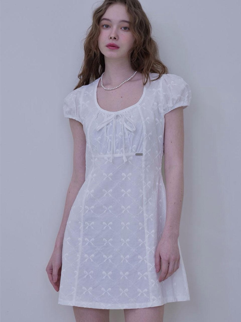 HAINT Ivory  Ribbon Jacquard Puff Sleeve Mini Dress Coquette Cottagecore Small